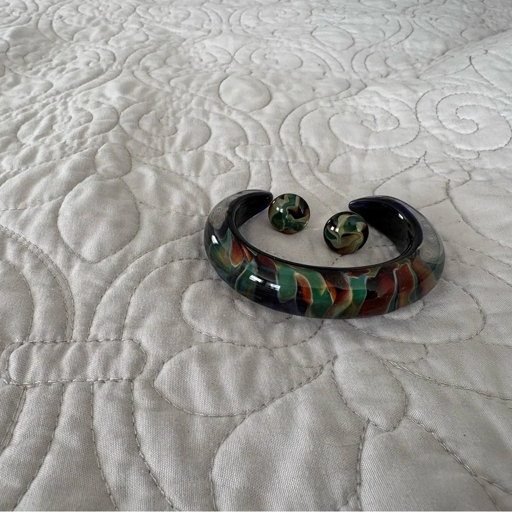 One of a Kind Signed RWG Artisan Glass Bracelet & Matching Earrings Set